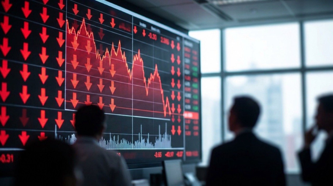 Stock market trading screen showing the Sensex falling sharply with red indices on June 23, 2026
