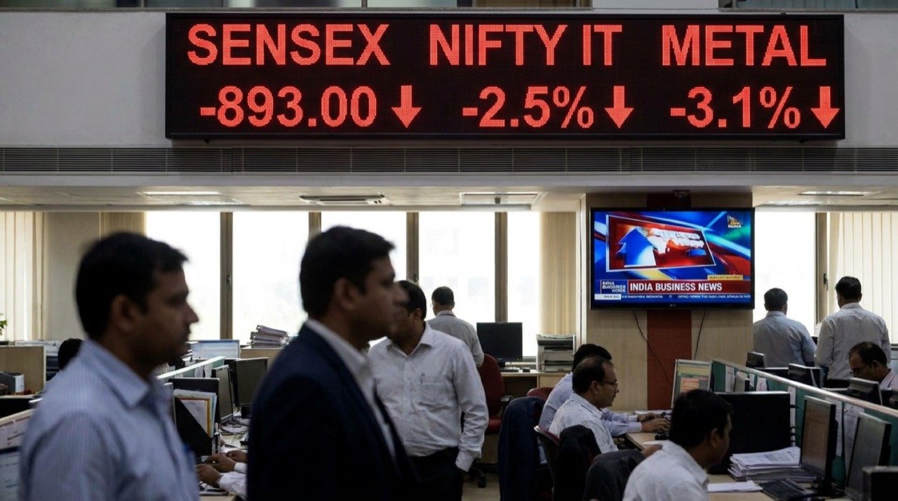 Stock market display showing the Sensex falling 893 points with IT and metal shares in the red