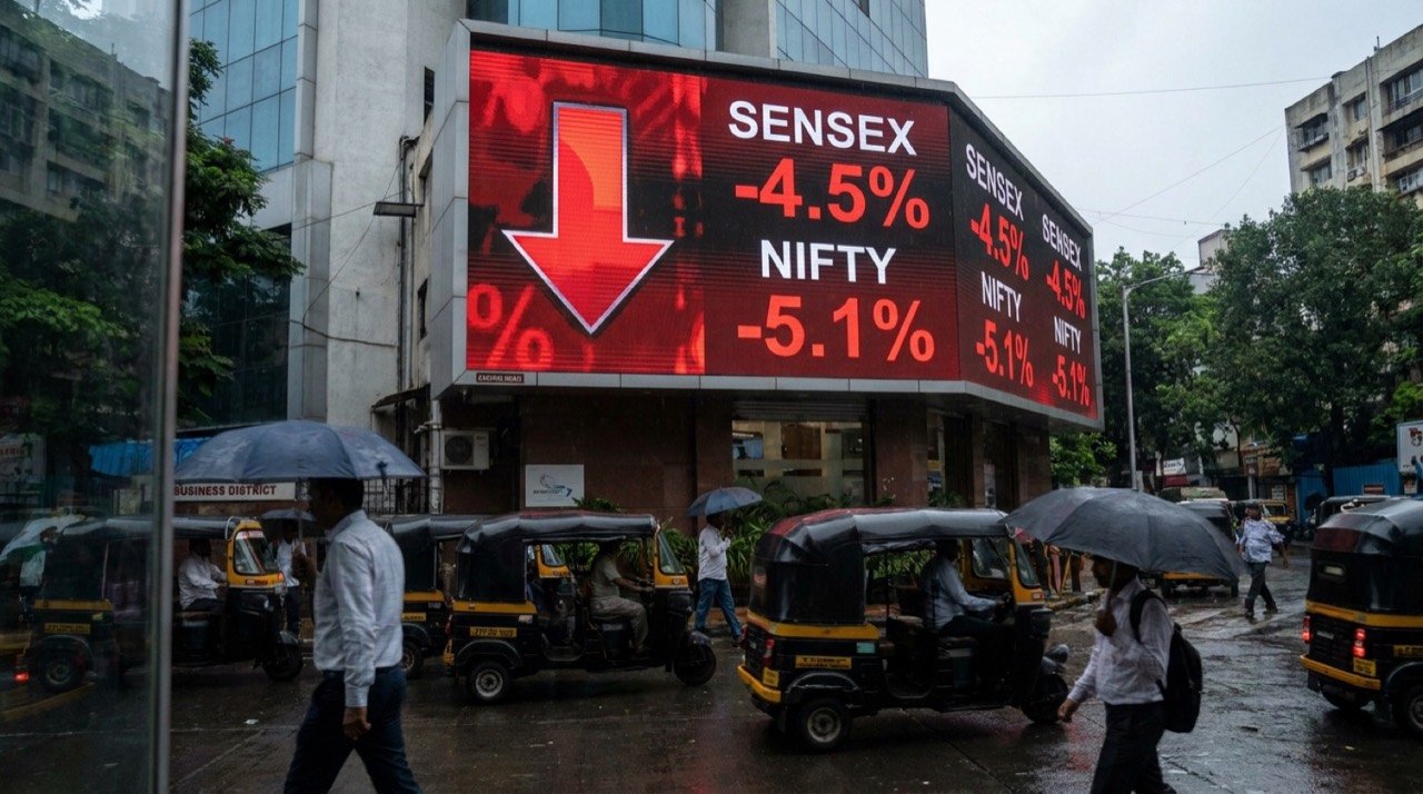 Electronic trading board showing the Sensex and Nifty falling sharply on a red session in Mumbai