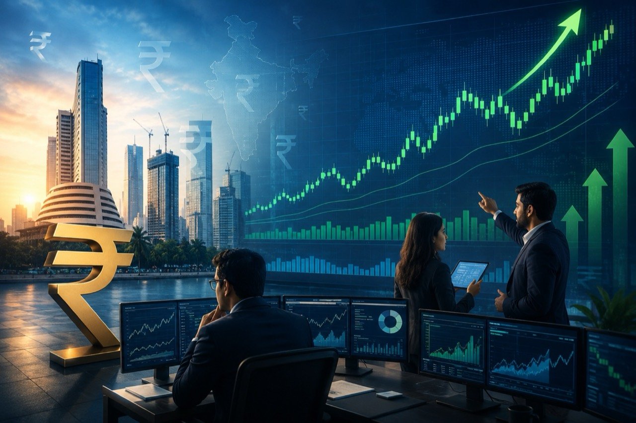 Indian stock market display showing Sensex and Nifty gains led by IT and pharma shares on June 22, 2026