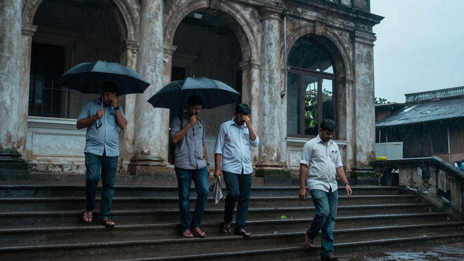 Tired brokers leaving a Mumbai financial building at dusk in the monsoon rain after a heavy losing week on the markets.