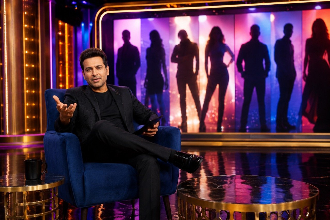 A television studio set with bright lights and screens showing a Bollywood-style reality show judging moment