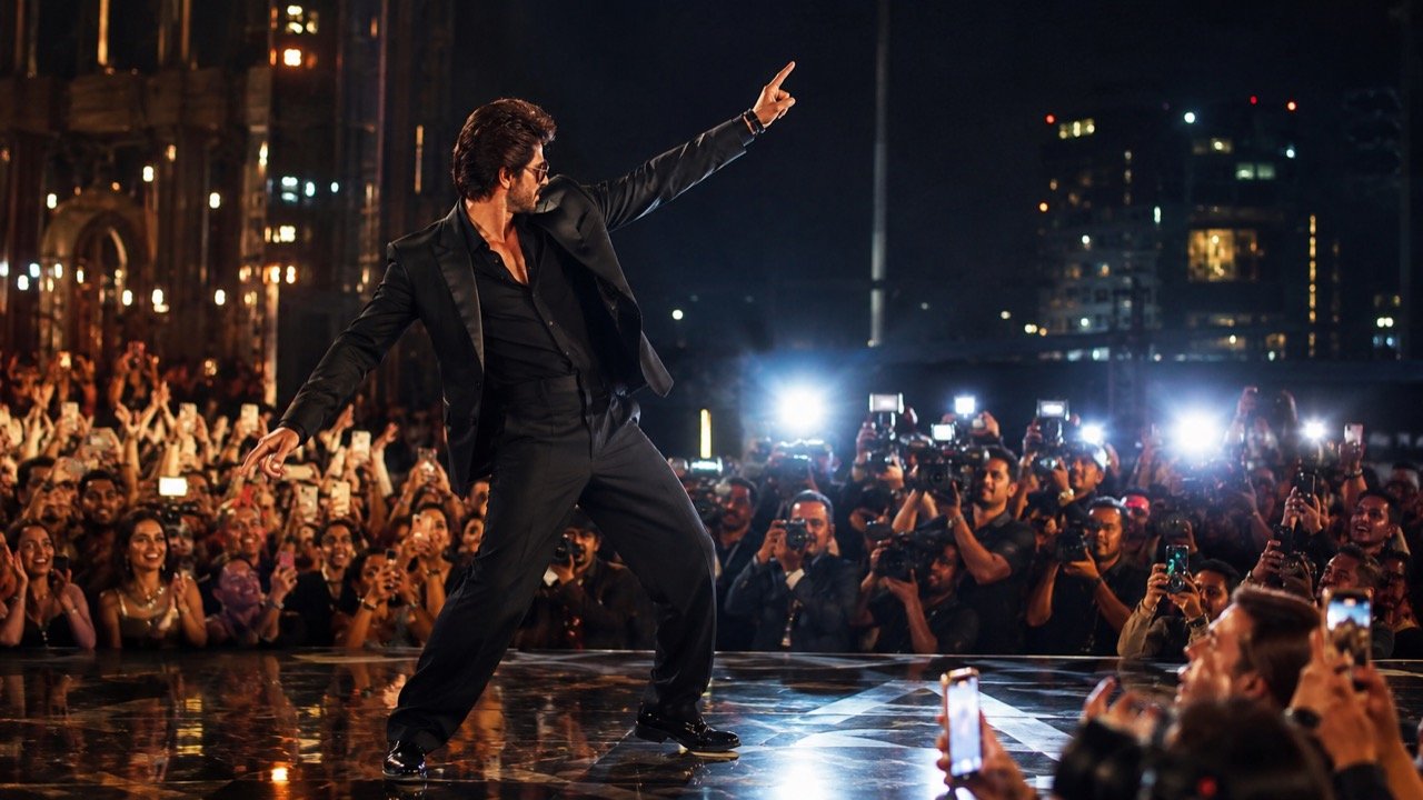Shah Rukh Khan performing at a Mumbai event, dancing to classic Bollywood hits