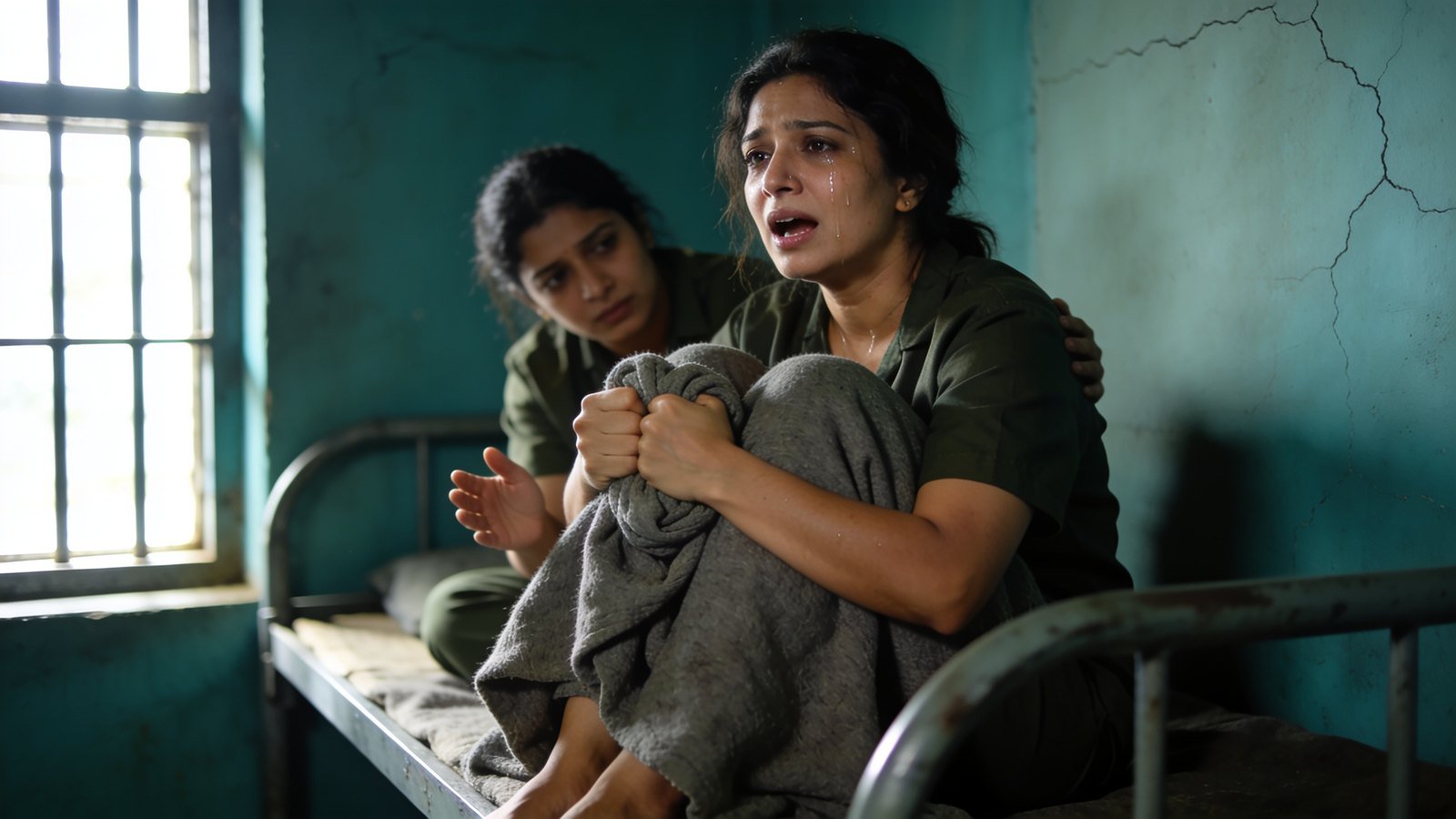 A tearful woman in her forties sits on a metal bunk in a dim cell speaking, while a blurred contestant reaches out behind her.