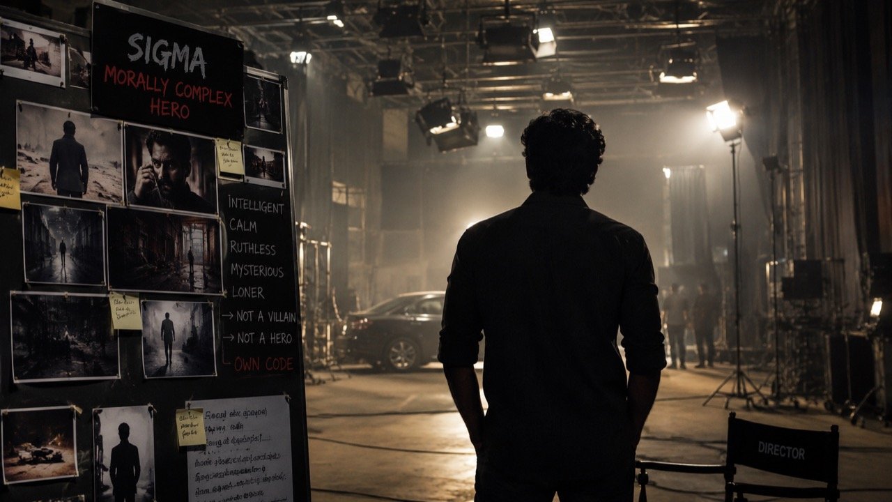 A moody film-noir style portrait of an actor half in shadow on a Tamil film set, suggesting a dark, layered character