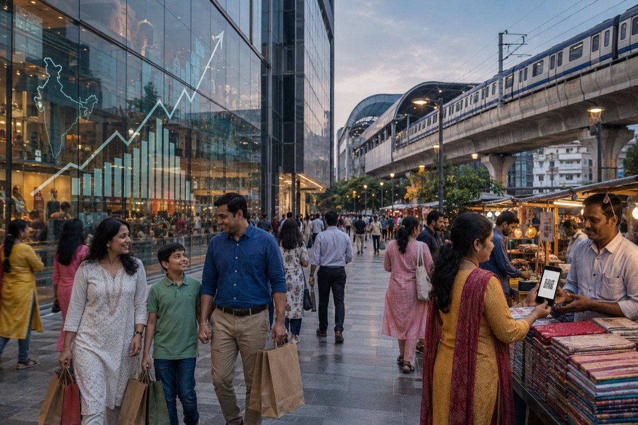 Finance Minister Nirmala Sitharaman speaking on a conference panel, with a backdrop suggesting India's consumer economy and shoppers in a bustling market