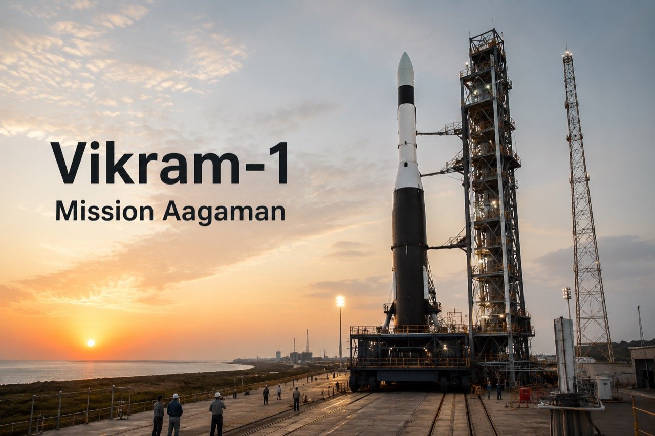 A sleek private launch vehicle standing on an Indian launch pad at dawn, with engineers and support structures silhouetted against the sky
