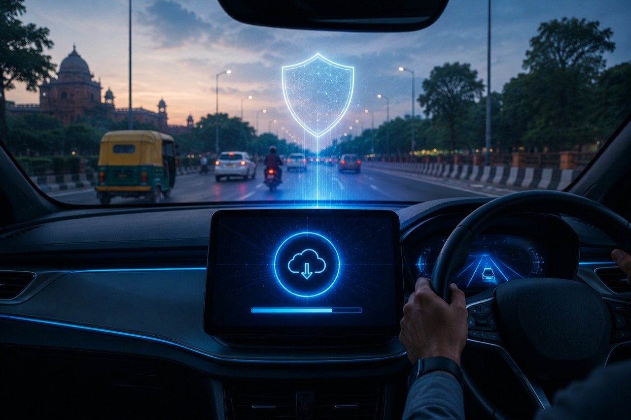 A modern connected car on an Indian highway with a glowing digital dashboard and software update icons overlaid on the windscreen.