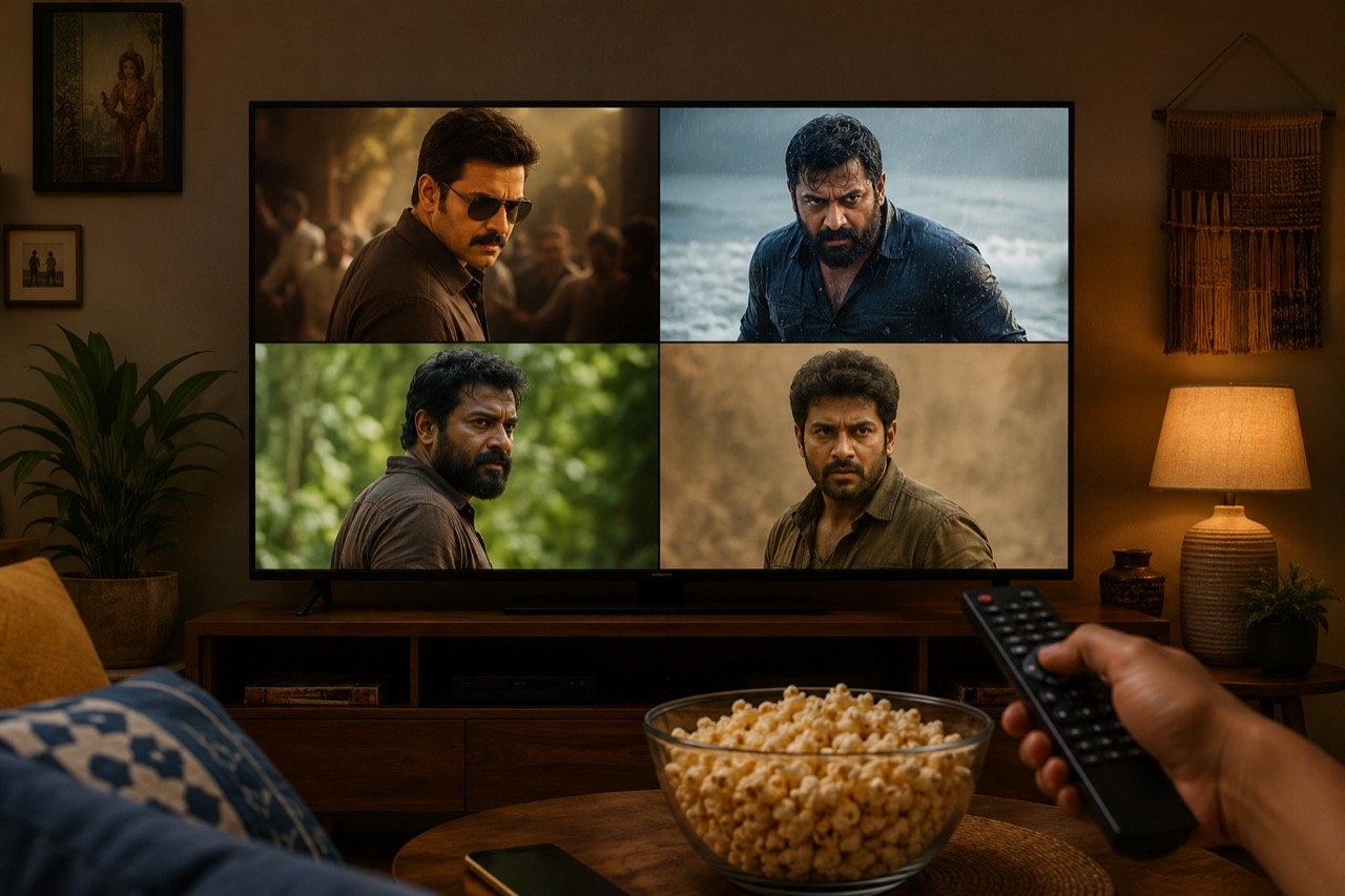 A viewer browsing a streaming platform grid of South Indian film posters on a large television in a dim living room