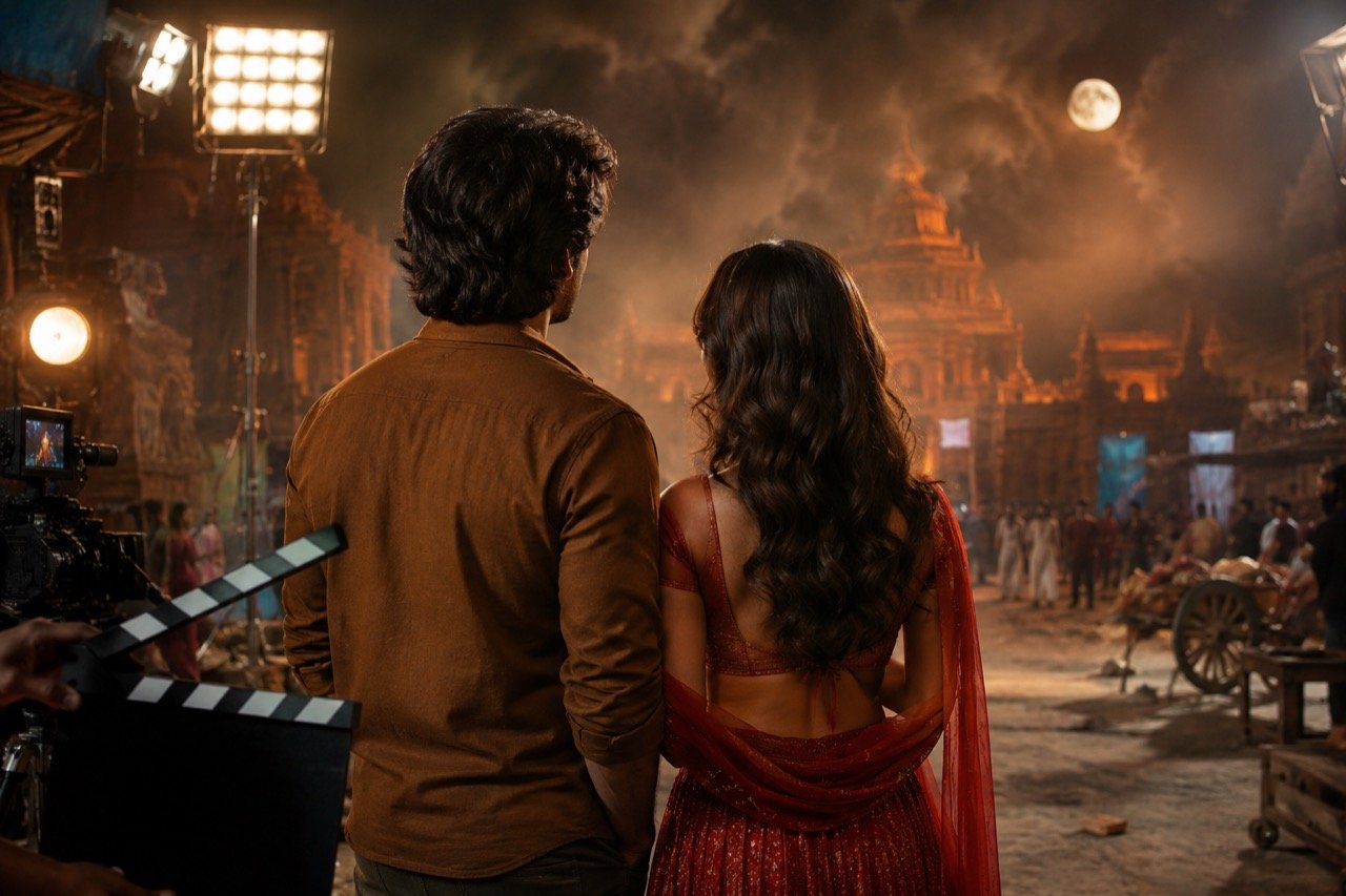 A dramatic Telugu film poster-style scene with a young couple silhouetted against a temple town skyline at sunset