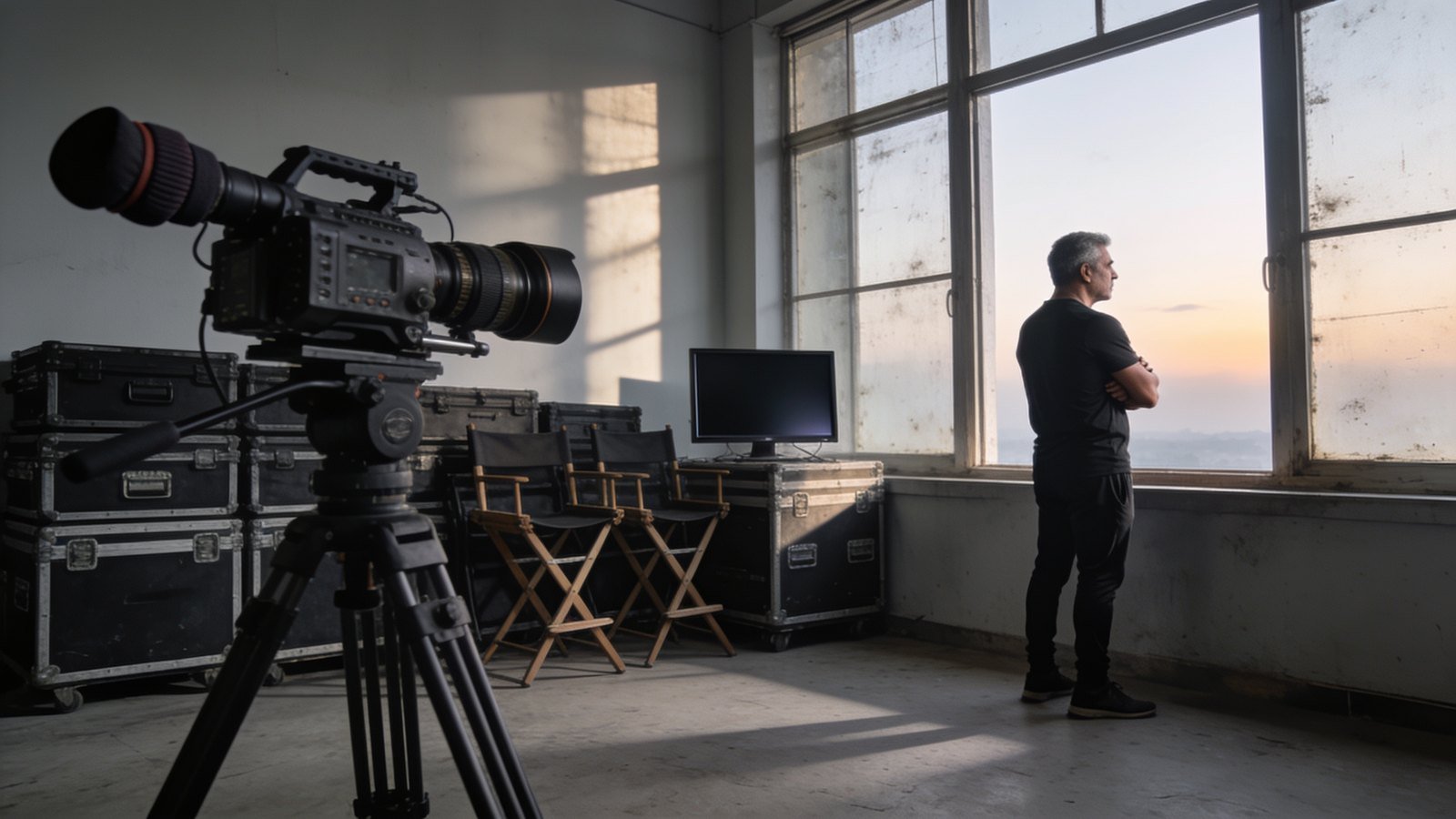 A lean man in black athletic wear stands alone at a window in a dawn-lit production office filled with flight cases and a capped camera.