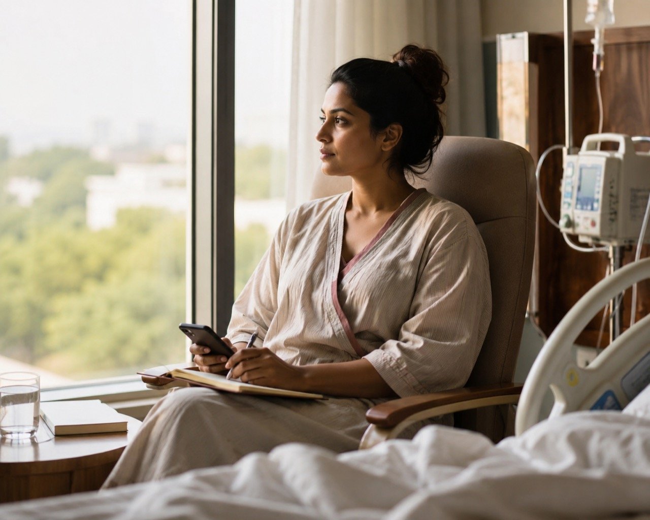 A television actor's phone showing a heartfelt social media post beside a hospital recovery setting, symbolising a public health disclosure about endometriosis