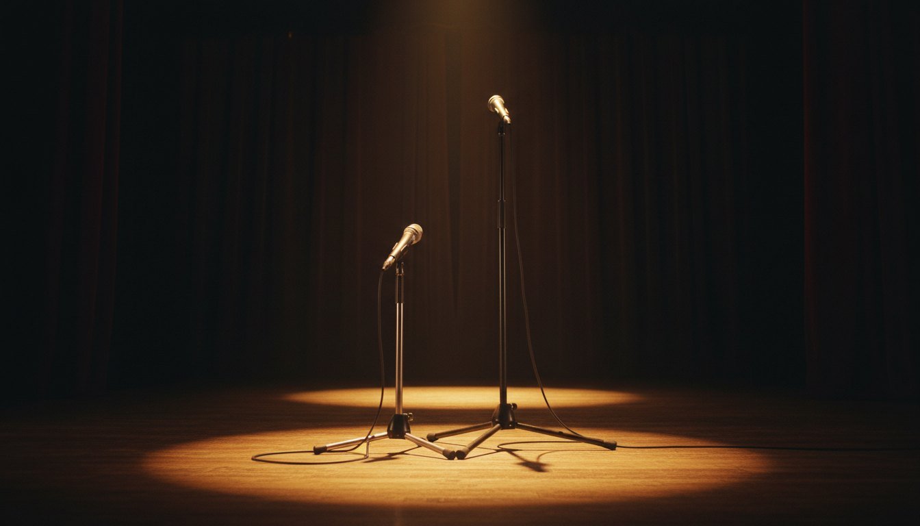 Two microphones on a spotlit stage, one tall and one child-height, on a singing-show set