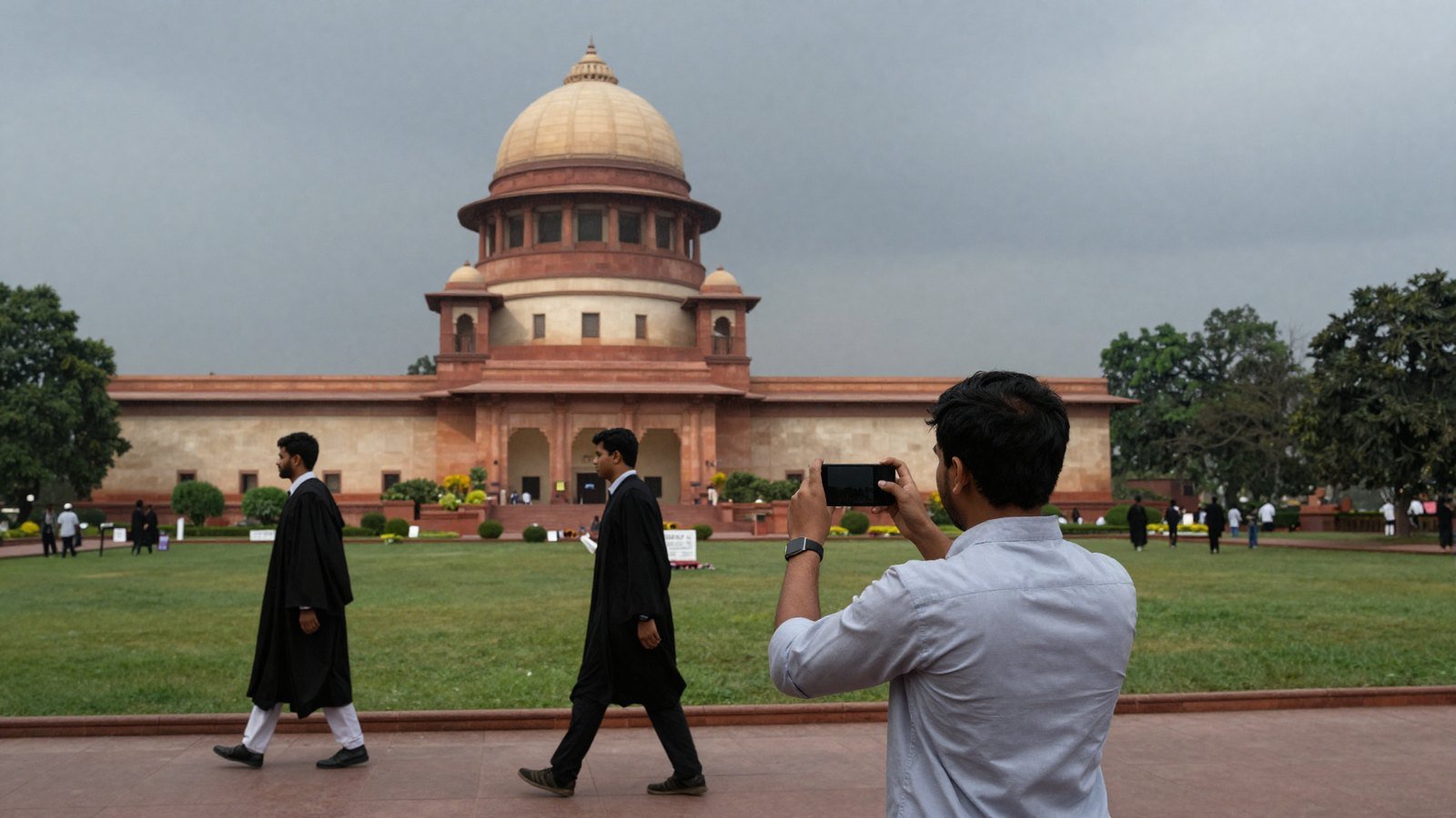 A man holds up a smartphone with a dark screen outside the Supreme Court of India as advocates in black robes walk past.