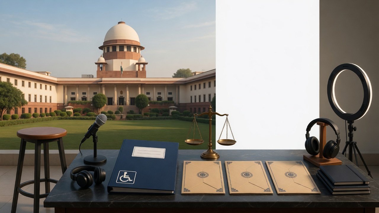 The Supreme Court of India beside a podcaster's microphone, headphones and ring light with the scales of justice