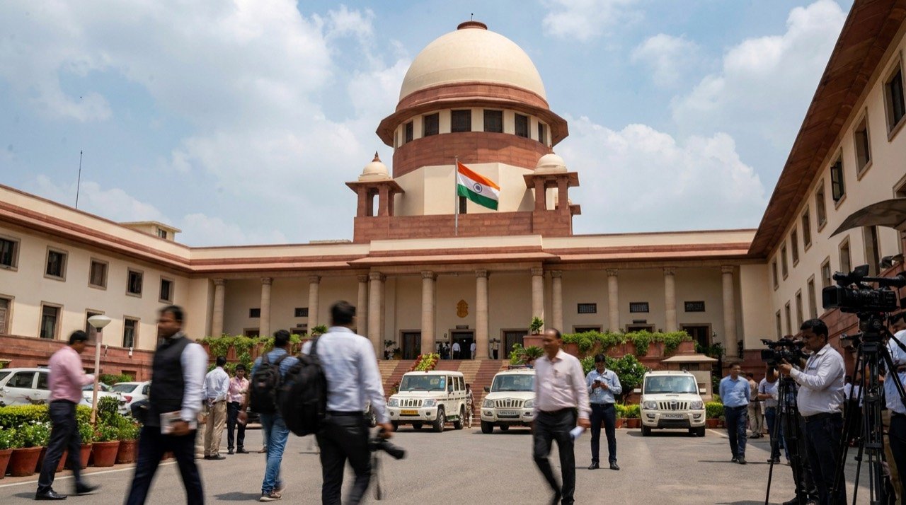 The Supreme Court of India building with a partly cloudy sky overhead.