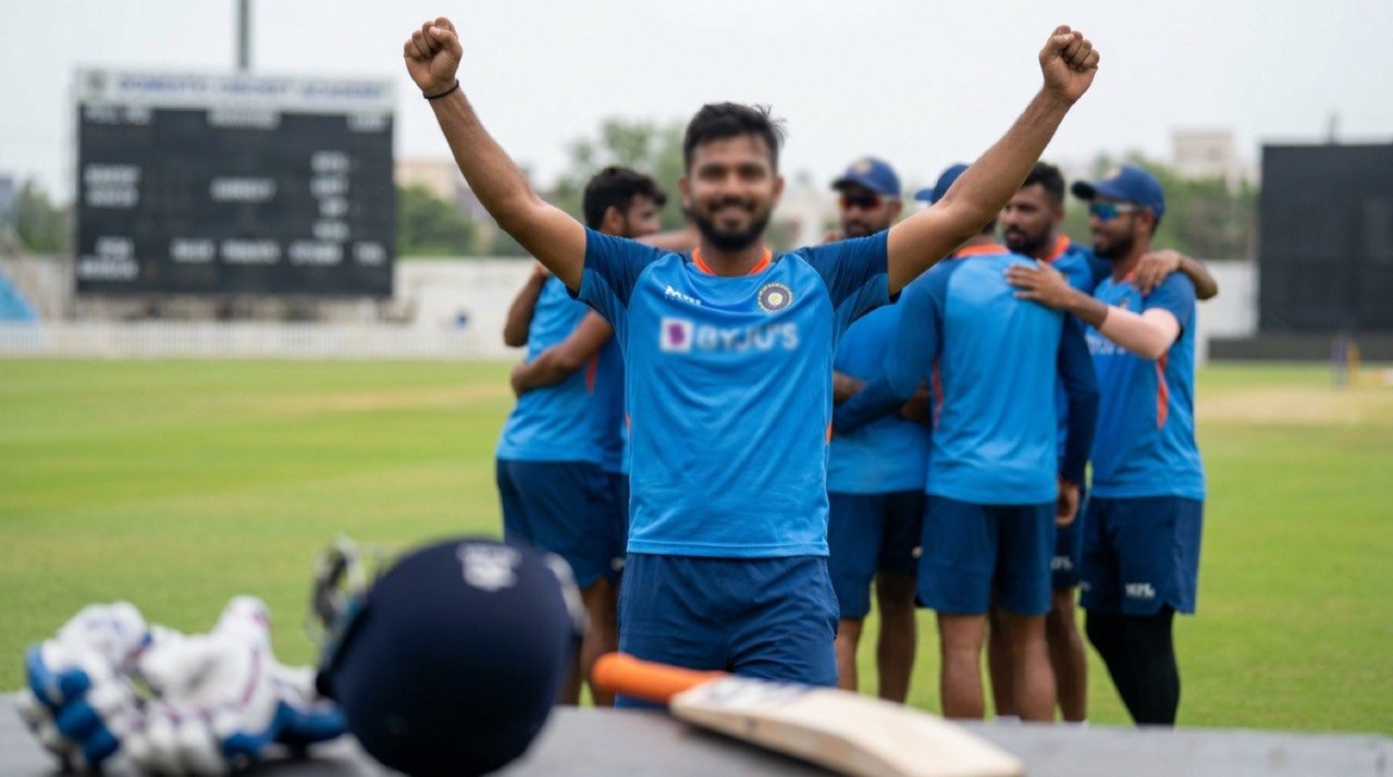 Cricket all-rounder Suryansh Shedge celebrating after earning his maiden India T20I call-up