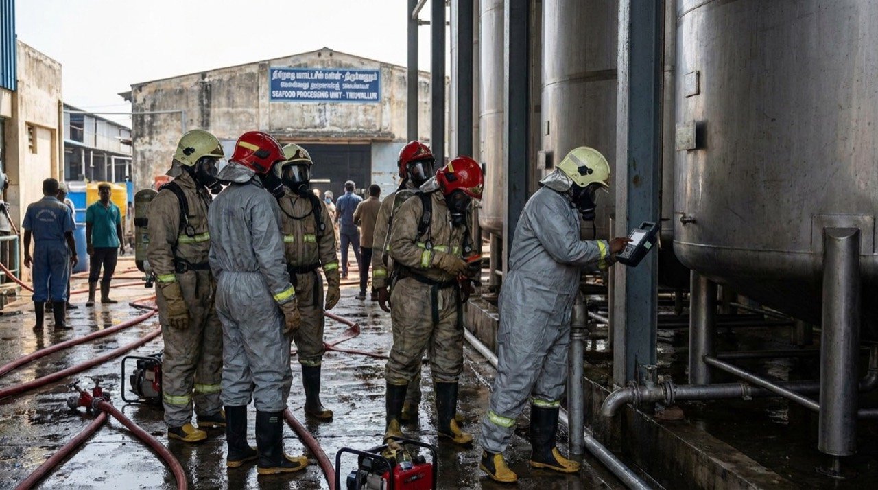 Emergency responders at a seafood processing unit in Tiruvallur, Tamil Nadu after an ammonia gas leak