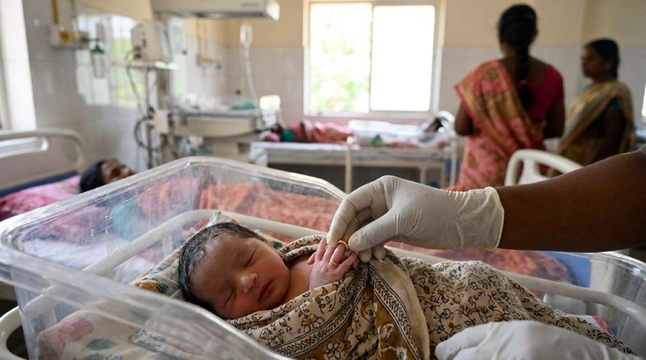 A newborn baby in a Tamil Nadu government hospital ward, illustrating the state's Thai Maman Gold Ring welfare scheme