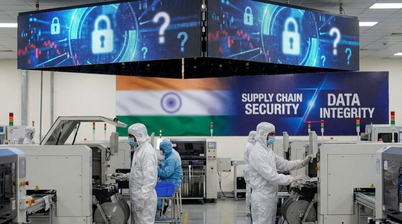 Electronics manufacturing line at a Tata Electronics facility, illustrating the supply-chain data security concerns after a cyber incident
