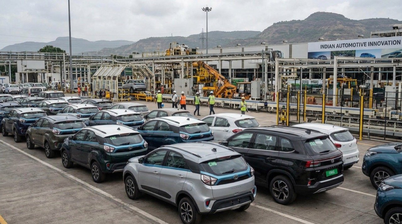 Tata Motors electric and CNG passenger vehicles lined up at a manufacturing facility in India