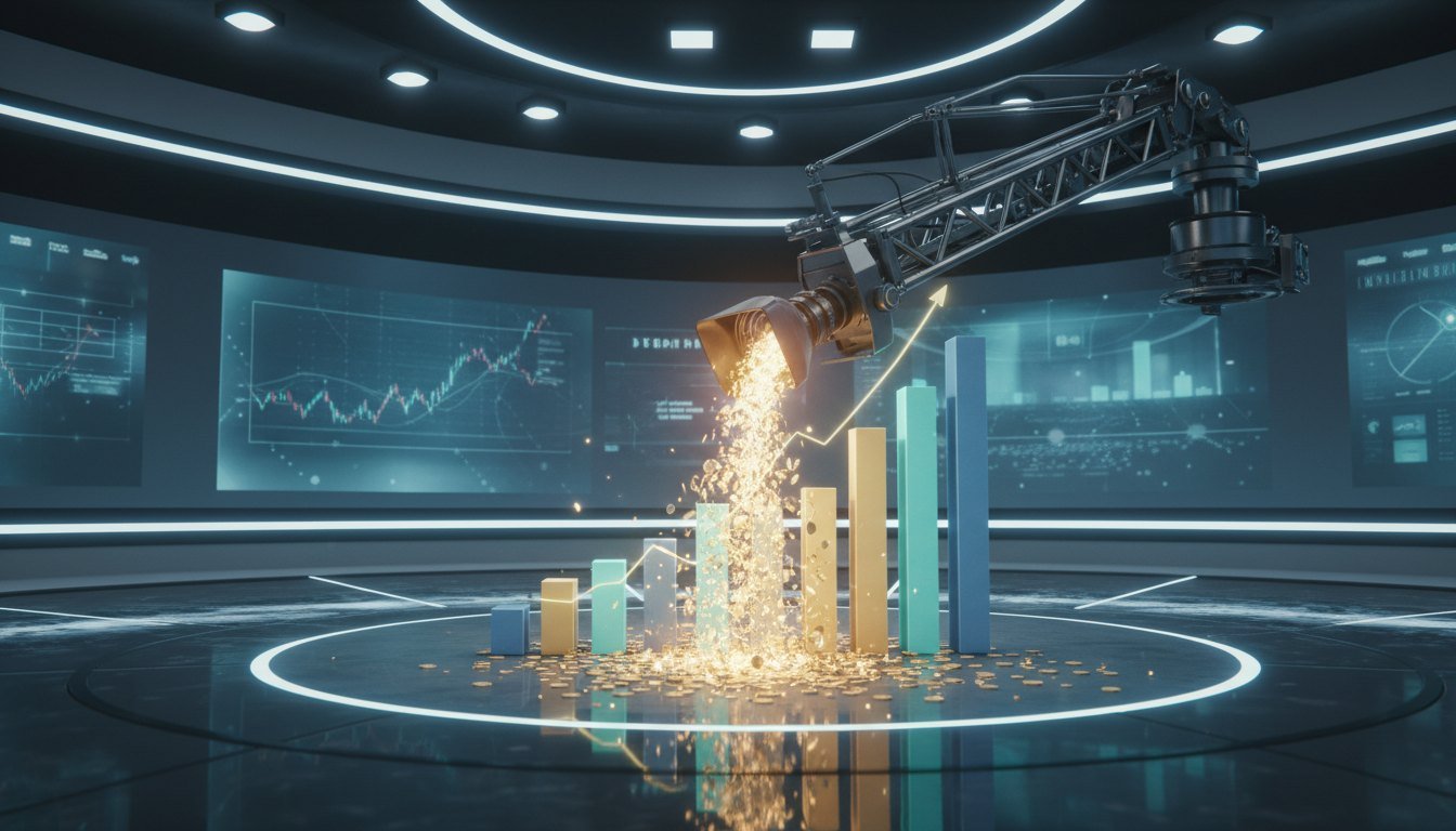 A studio camera pouring gold coins onto rising bar charts, illustrating reality-TV economics
