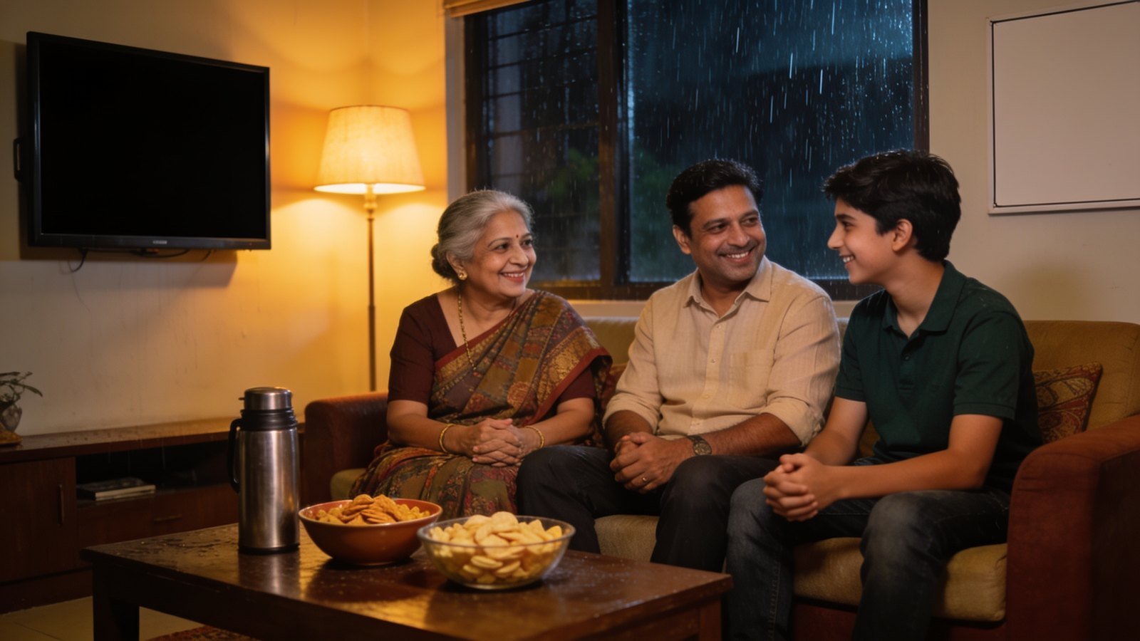 An Indian family of three generations laughs together on a sofa at night with the television switched off.
