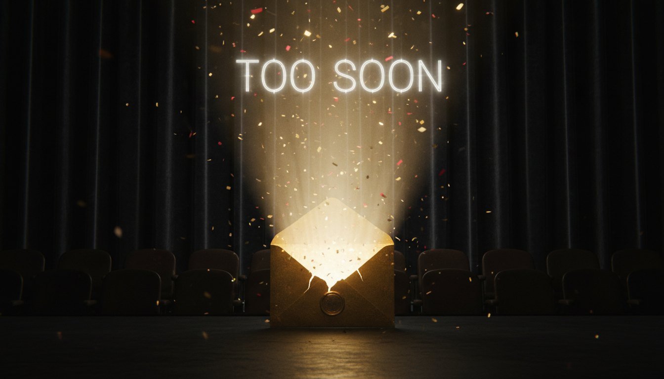 A glowing golden results envelope opening under a 'Too Soon' sign amid confetti