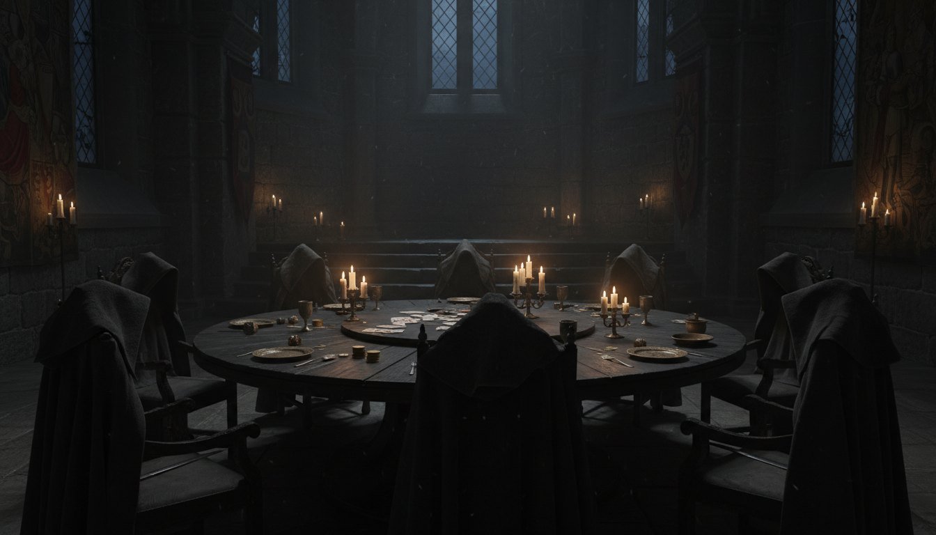 A candlelit castle round table set with hooded cloaks, evoking The Traitors India