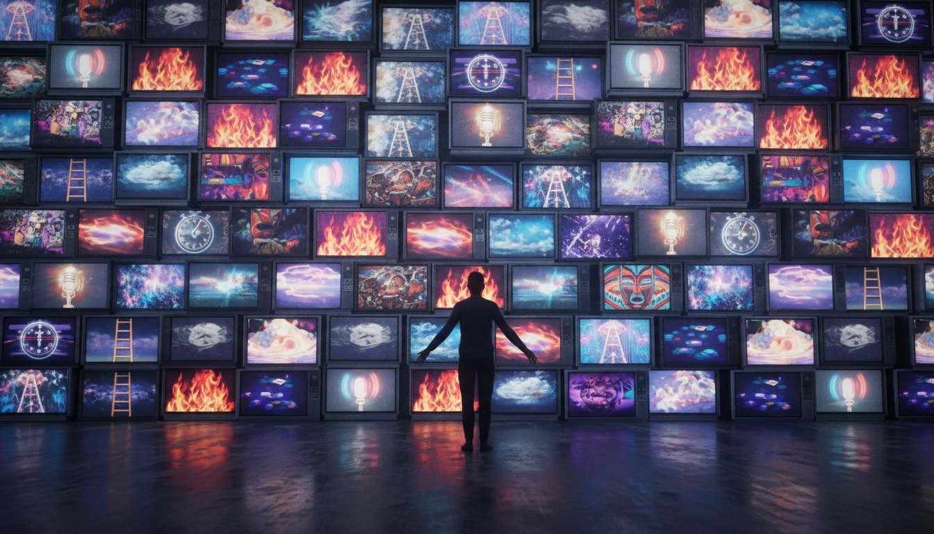 A person before a vast wall of glowing television screens showing reality-show imagery