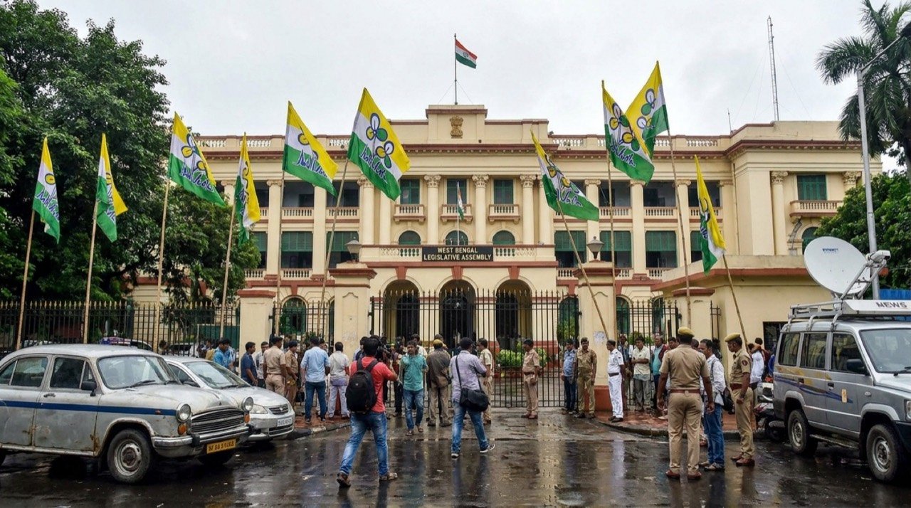Trinamool Congress party flags outside the West Bengal assembly amid the leadership crisis.
