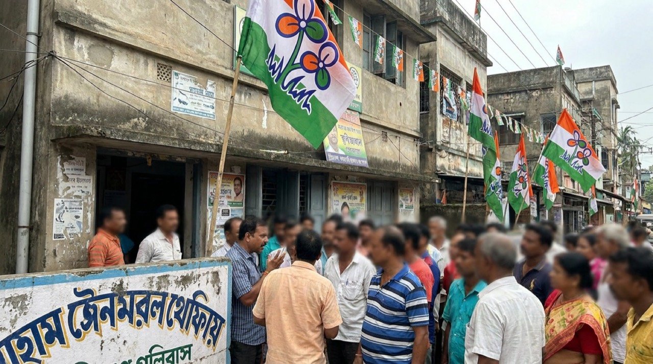 Trinamool Congress party flags outside a political office in West Bengal amid a leadership dispute