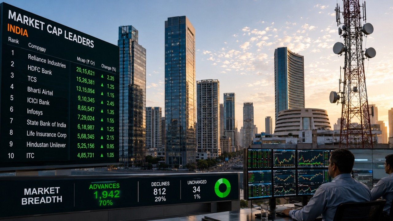 Stock market display board showing rising share prices of large Indian companies, with a telecom tower silhouette in the background