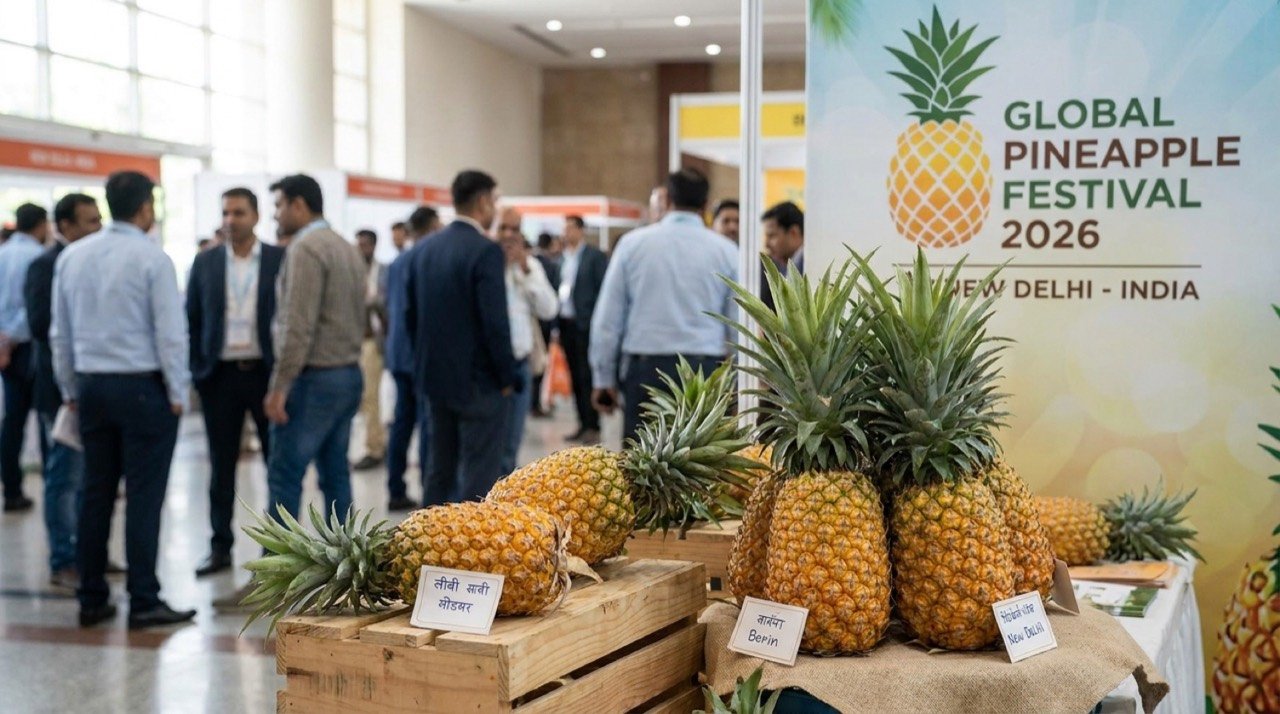Tripura's golden Queen variety pineapples on display ahead of the Global Pineapple Festival 2026 in New Delhi