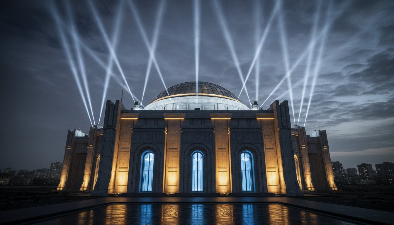 A grand domed mansion lit by sweeping searchlights at dusk, symbolising two decades of Bigg Boss
