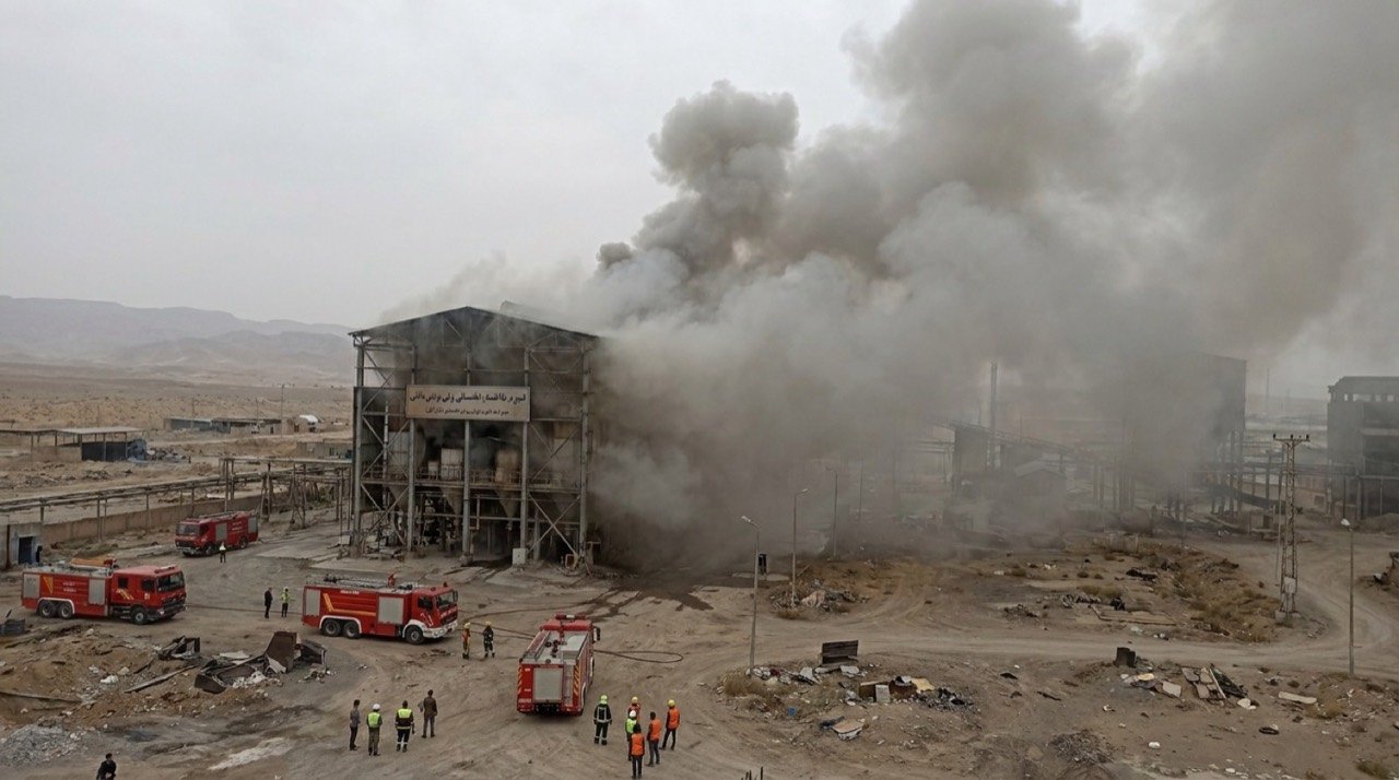 Smoke rising from an industrial recycling unit at Jawaharlal Nehru Pharma City in Anakapalli district, Andhra Pradesh