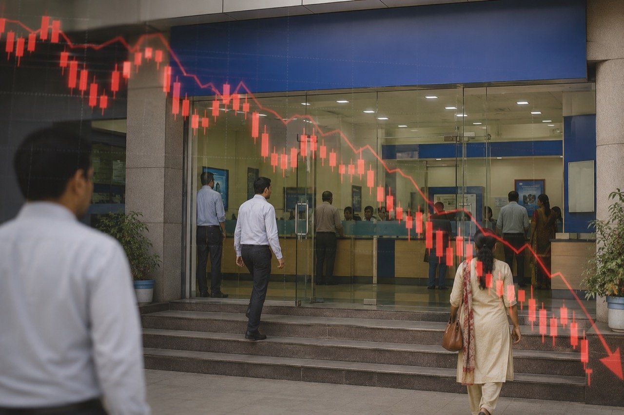 A Union Bank of India branch facade with a falling stock market chart superimposed, reflecting the share price drop after the Q1 update.