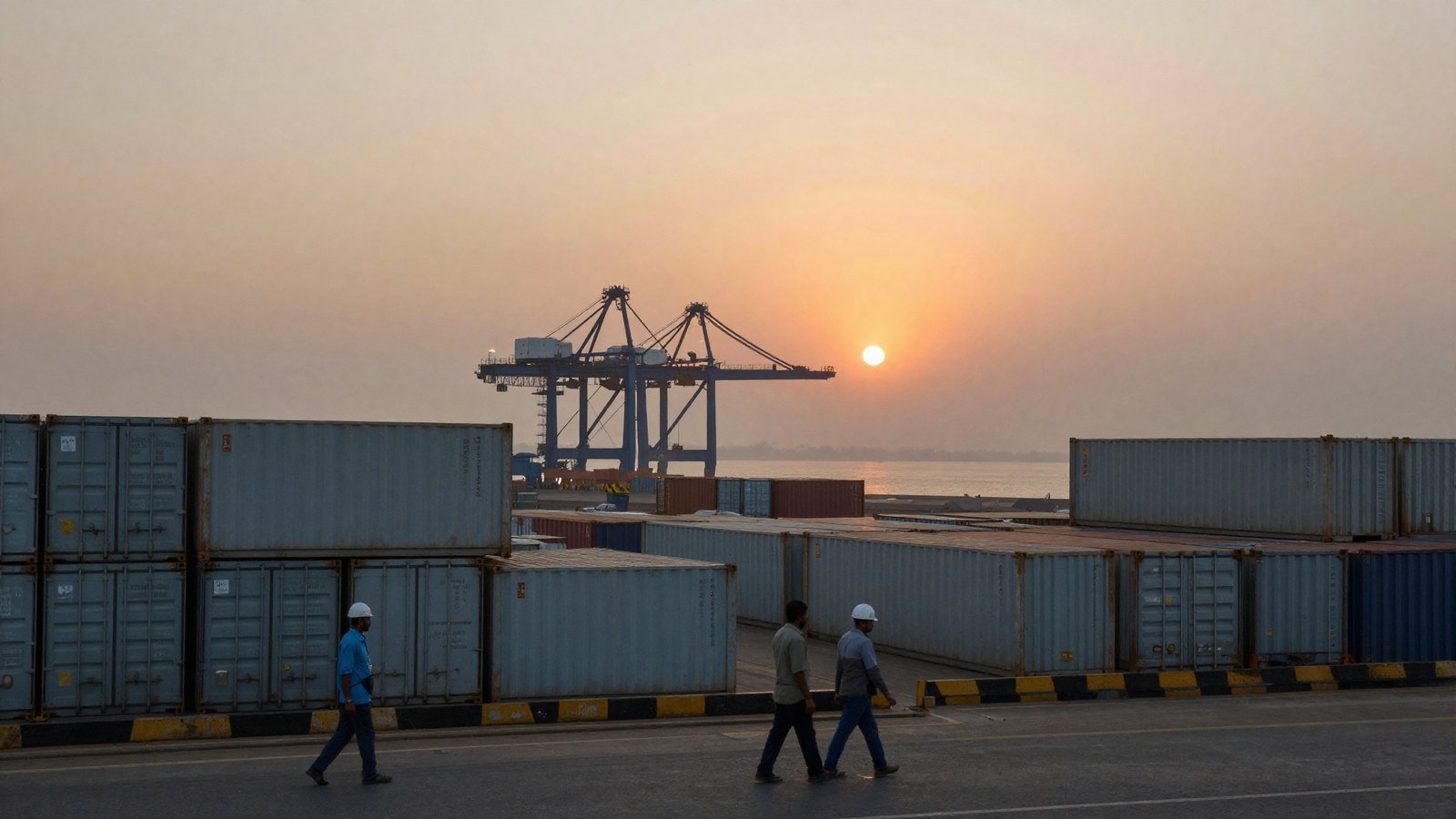 Dockworkers walk past stacked shipping containers and a gantry crane at an Indian port at sunrise.