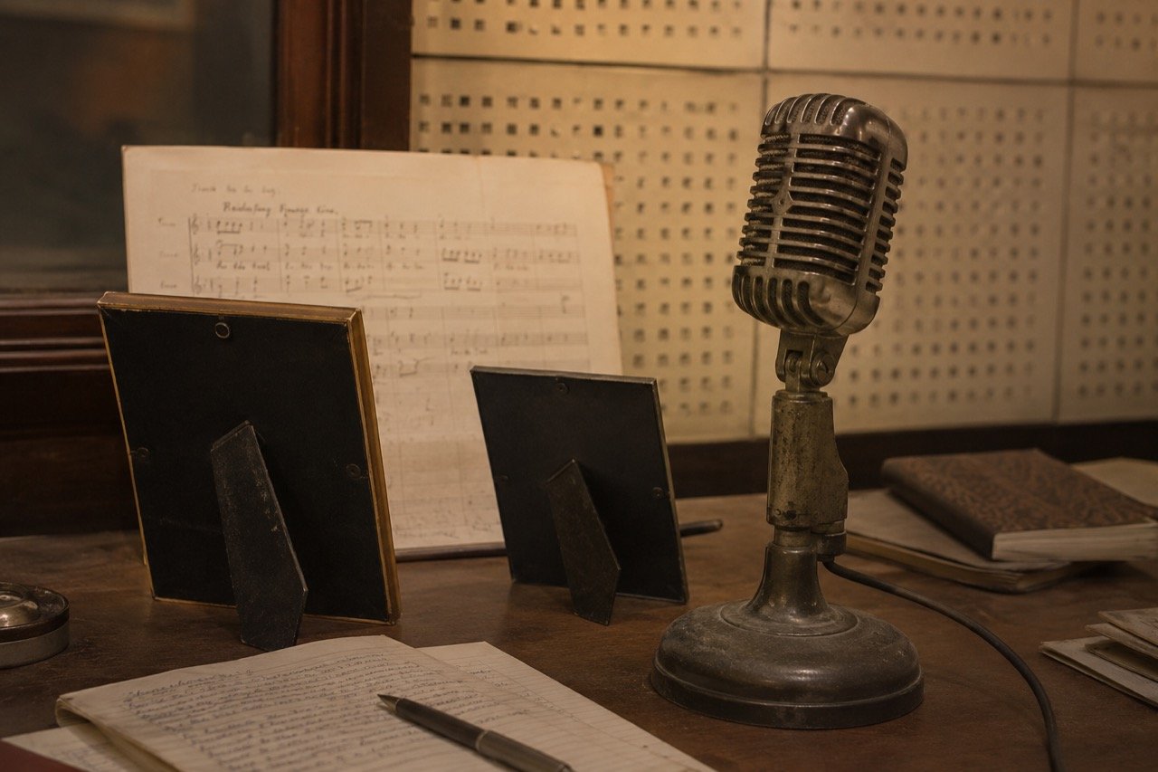 A vintage studio microphone beside old family photographs and sheet music, evoking the golden era of Indian playback singing