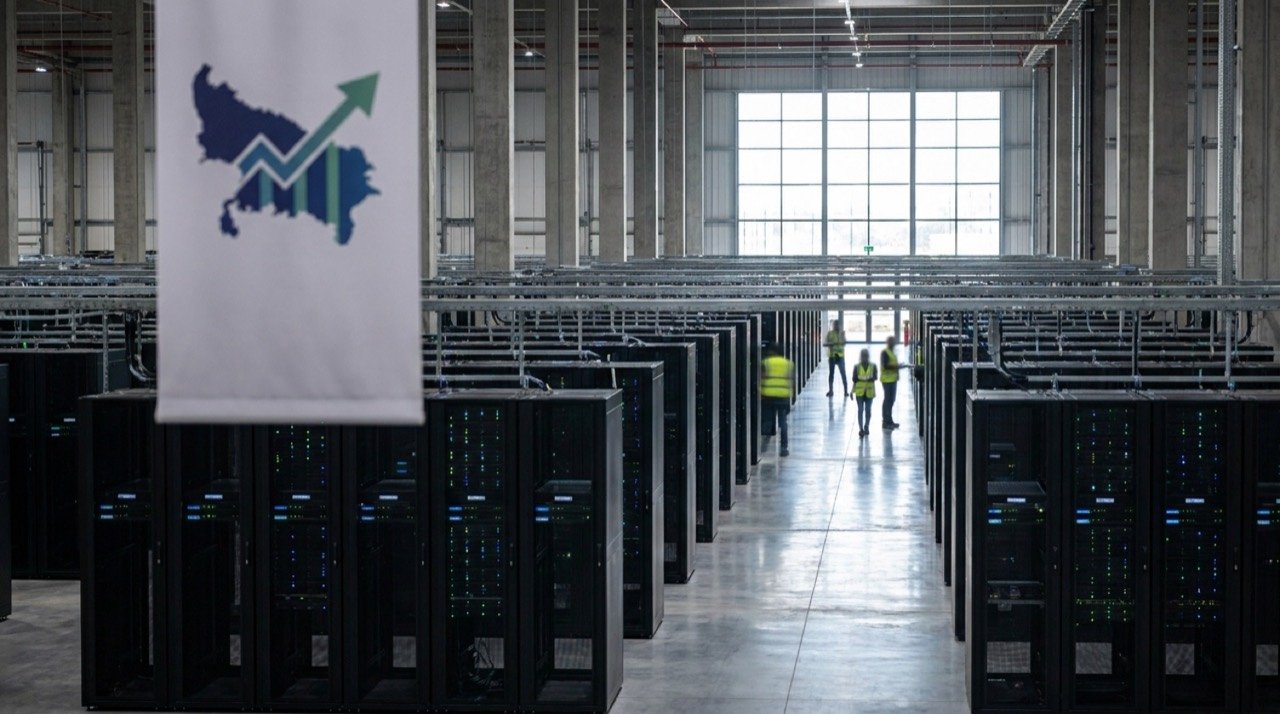 Rows of server racks inside a modern data centre representing Uttar Pradesh's digital infrastructure investment drive