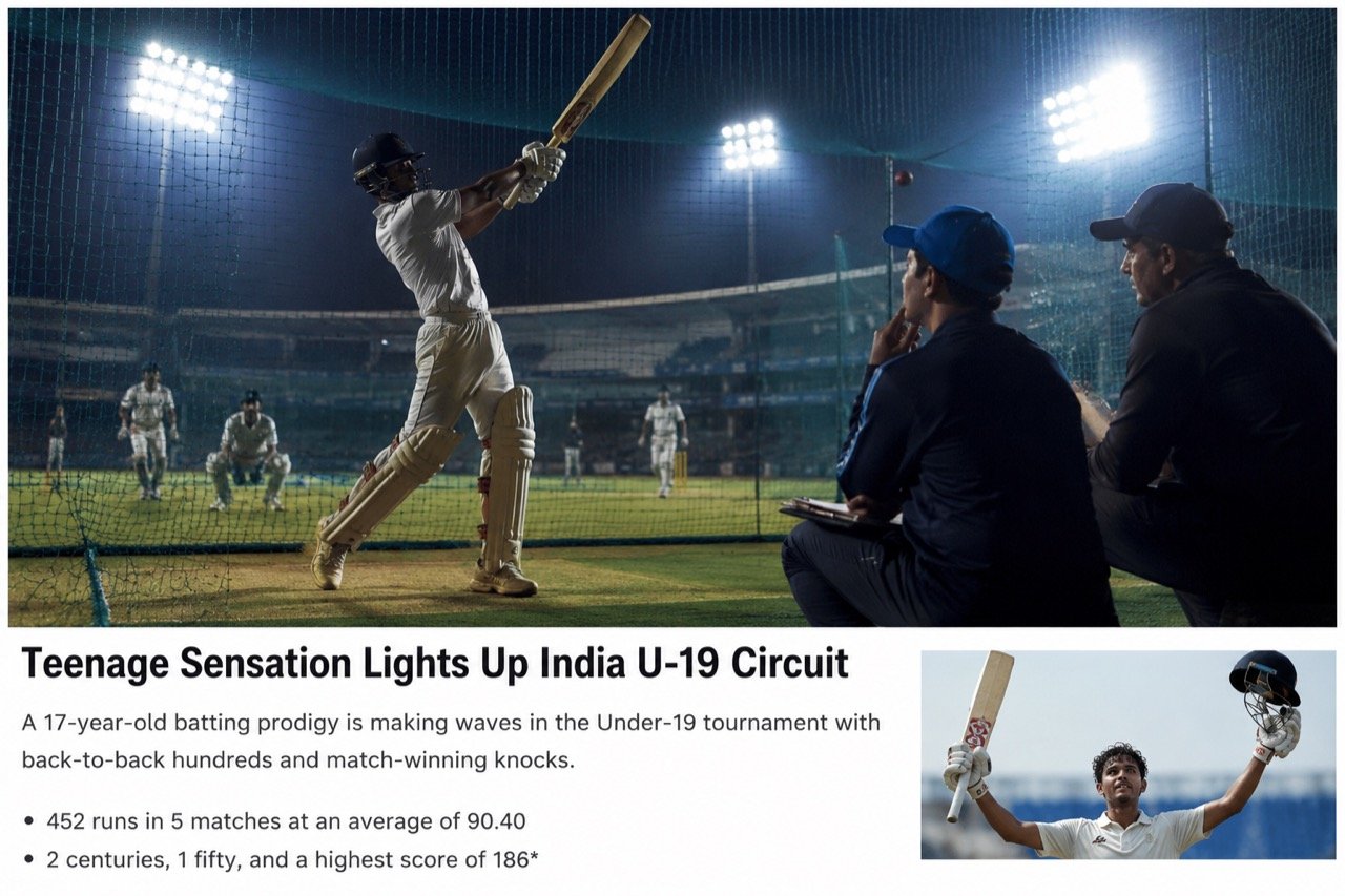 A young Indian batter in whites raising his bat under stadium lights during an Under-19 cricket match