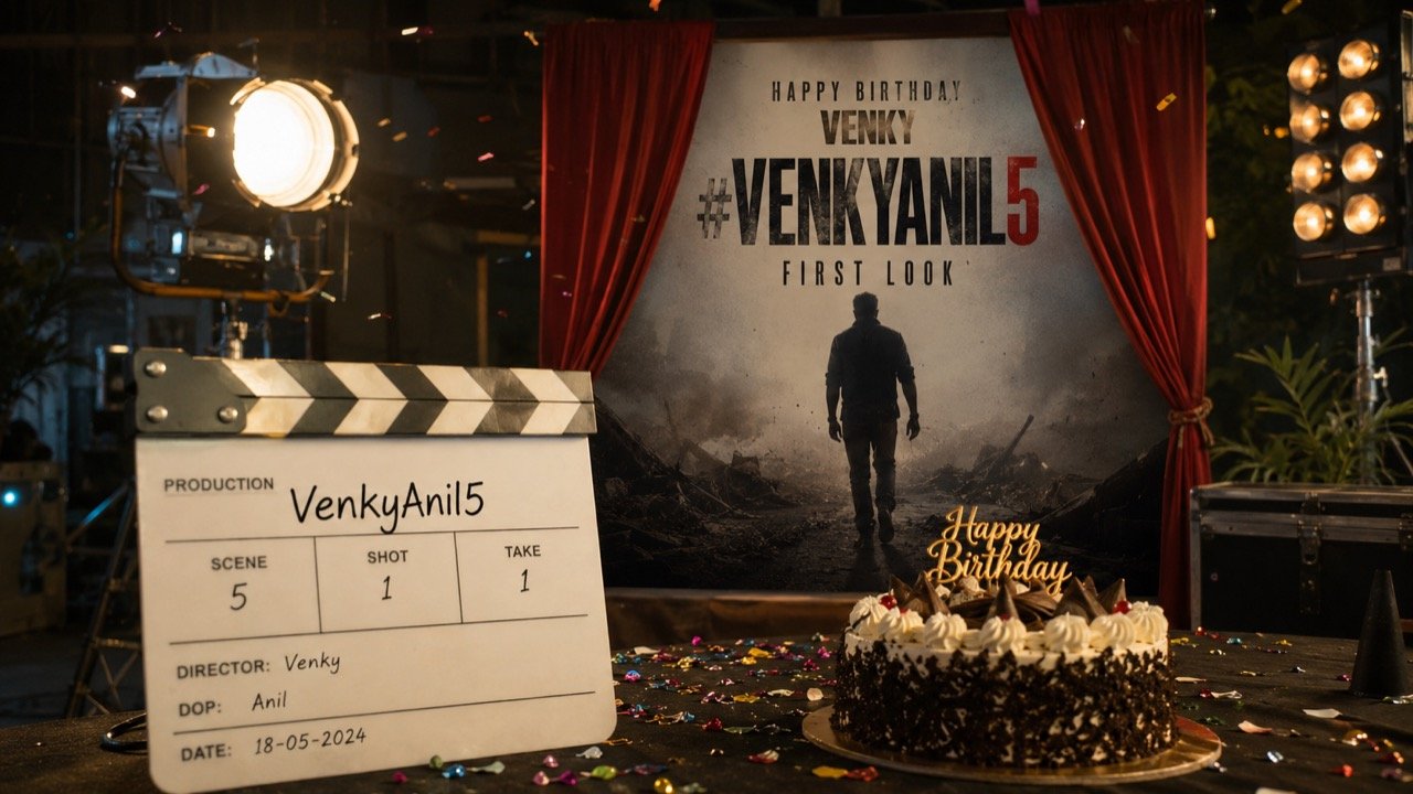 First-look poster reveal moment for a Telugu film, with actor Nandamuri Kalyan Ram's stylised image displayed on a large screen amid birthday celebration graphics