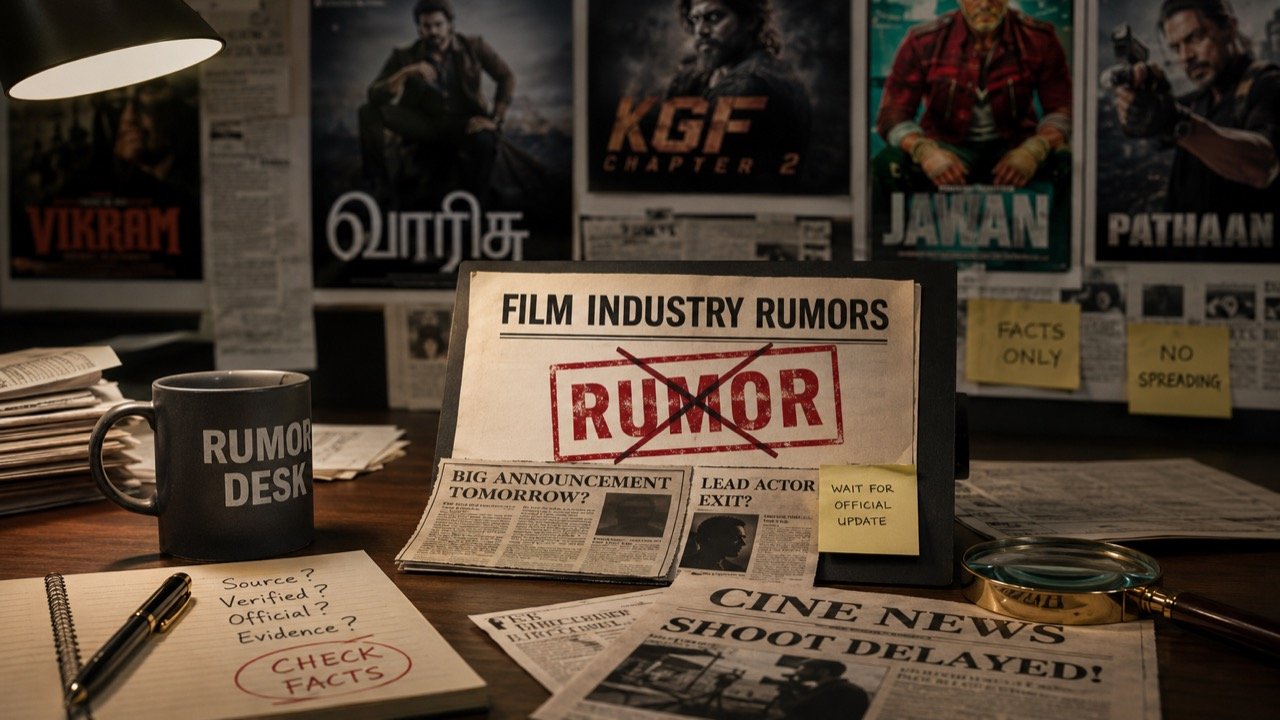 Split-frame illustration of actors Vikram and Bobby Deol against a backdrop of swirling social media posts and question marks, symbolising a film casting rumour under scrutiny