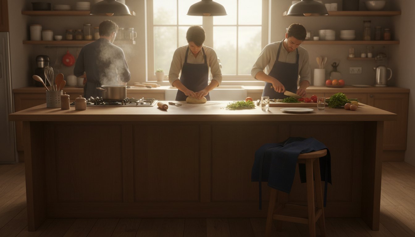 A cooking-show kitchen with chefs and one empty apron left on a stool