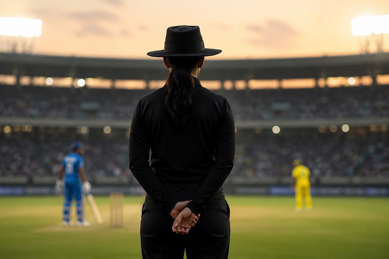 A woman cricket umpire in official attire signalling a decision at a packed floodlit stadium during an ICC final