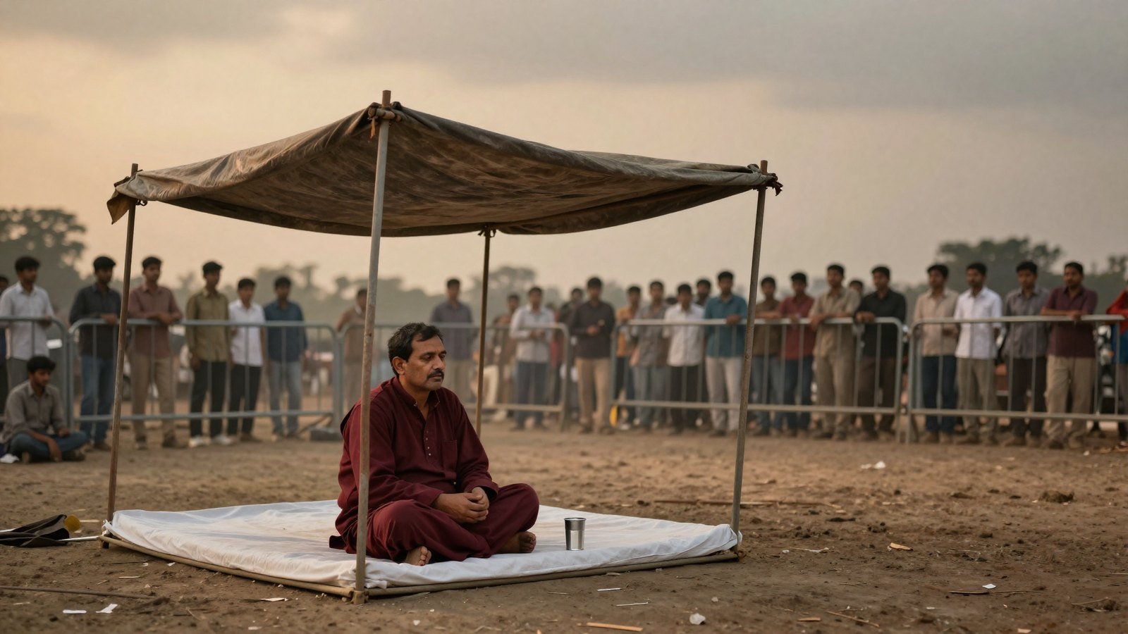 A frail man in a Ladakhi robe sits alone on a mattress at a Delhi protest site at dusk, blurred barricades and crowds behind him.