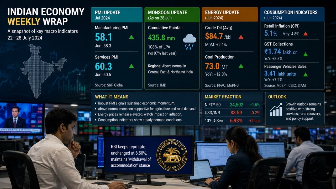 Split illustration of an Indian economic dashboard showing energy pylons, a rising PMI chart and monsoon clouds over farmland