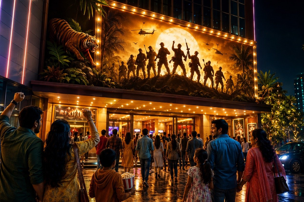 A festive Bollywood cinema marquee at night with crowds queuing beneath bright jungle-themed movie posters and glowing box-office signage