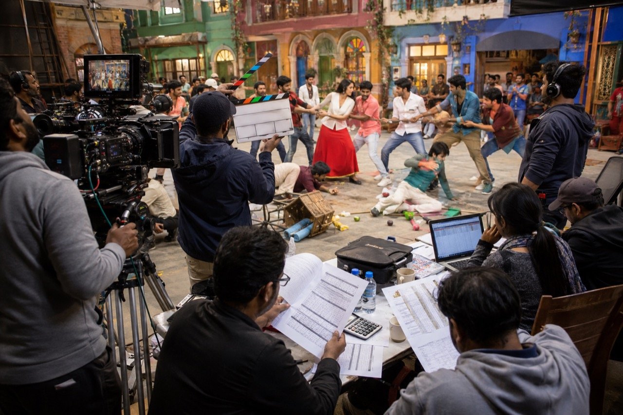 A sprawling Bollywood film set with cranes, lights and a large ensemble cast assembled for a big-budget comedy shoot