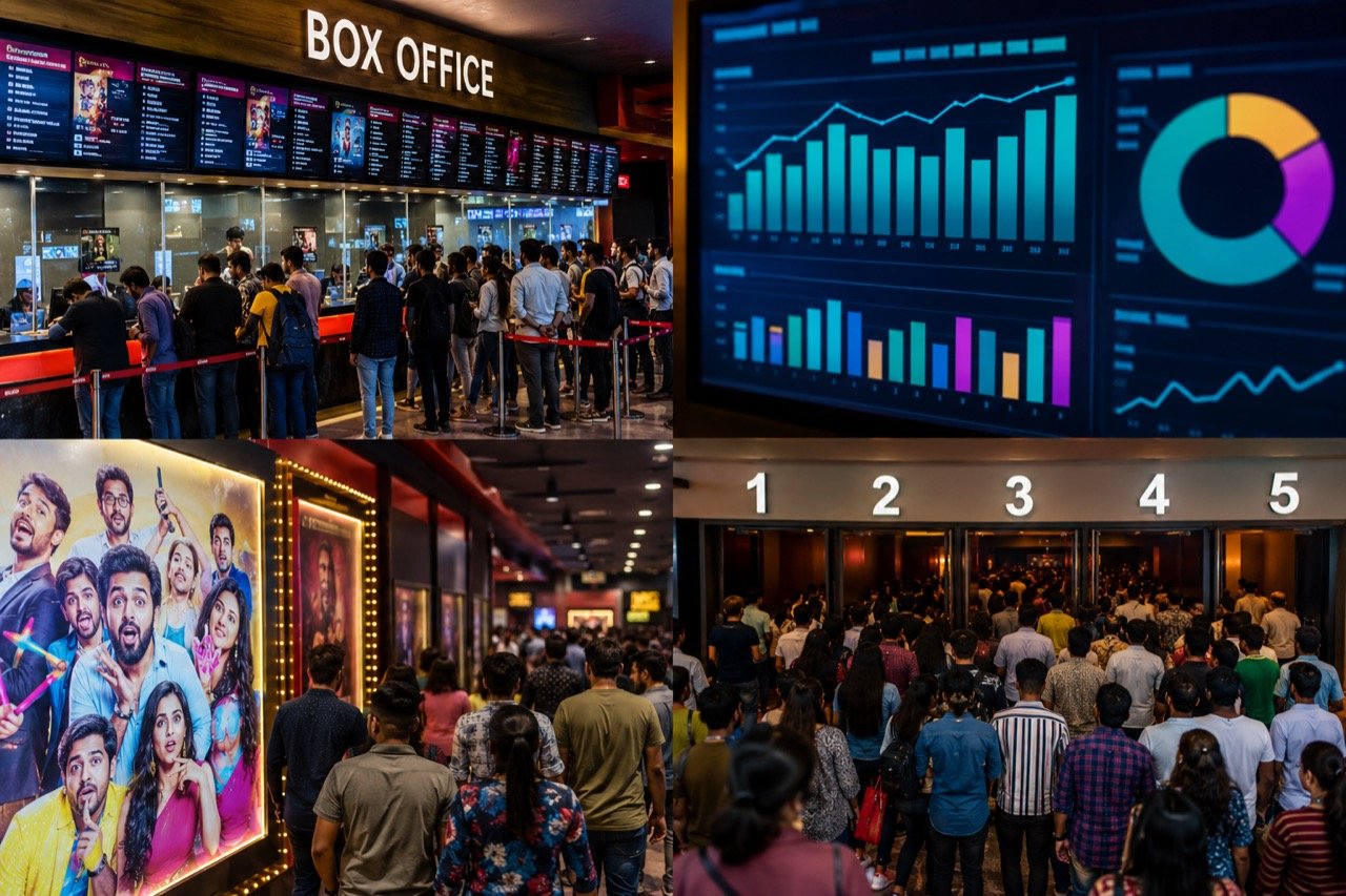 A packed Indian multiplex foyer with a bright jungle-themed film poster and a rising box-office ticker graphic overlaid on cinema ticket stubs